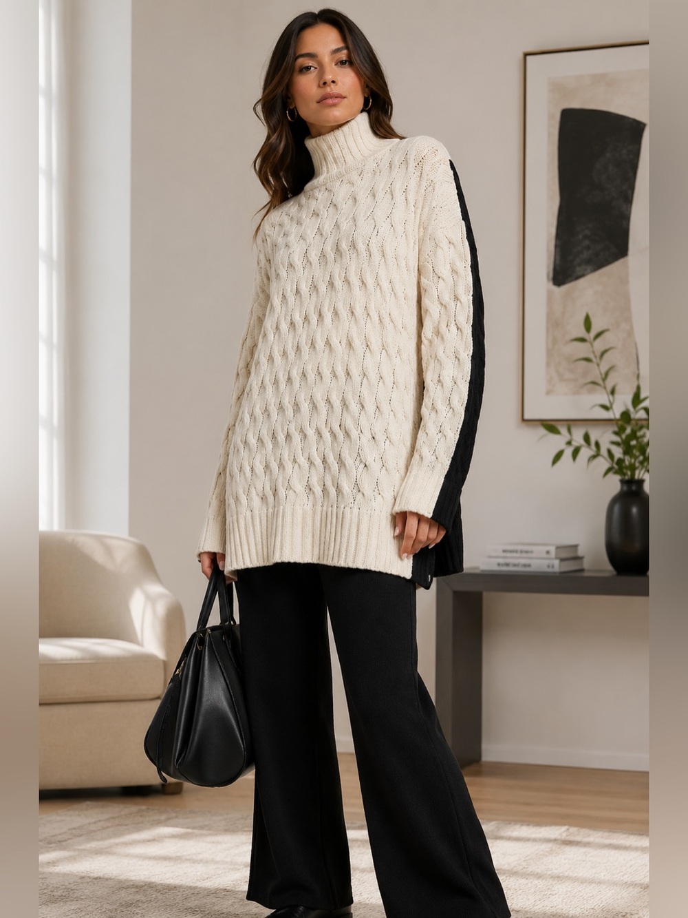 New Masai Feline Turtleneck Cable Knit Sweater – Size XL – Black/Whitecap